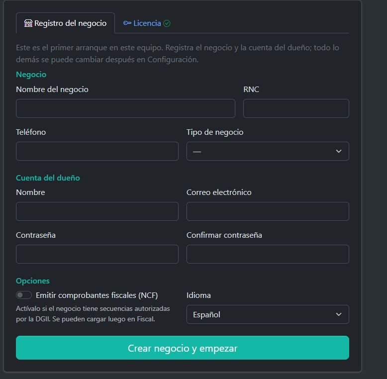 Business registration screen
