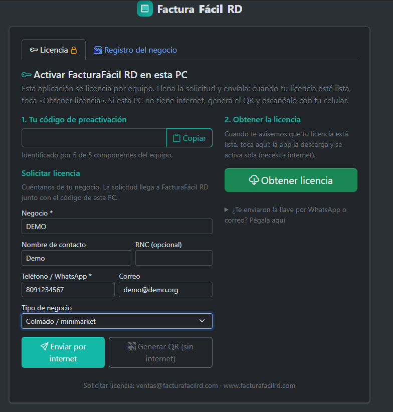 Pantalla de activación de FacturaFácil RD Desktop